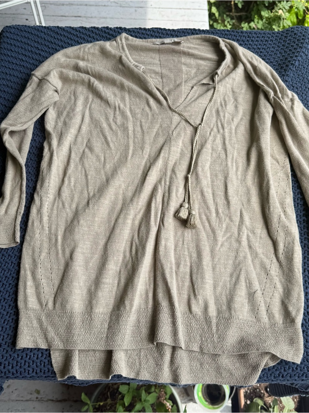 Ann Taylor LOFT Womens Tasseled Tan Taupe Tunic Sweater Top Size Small Boho Prep